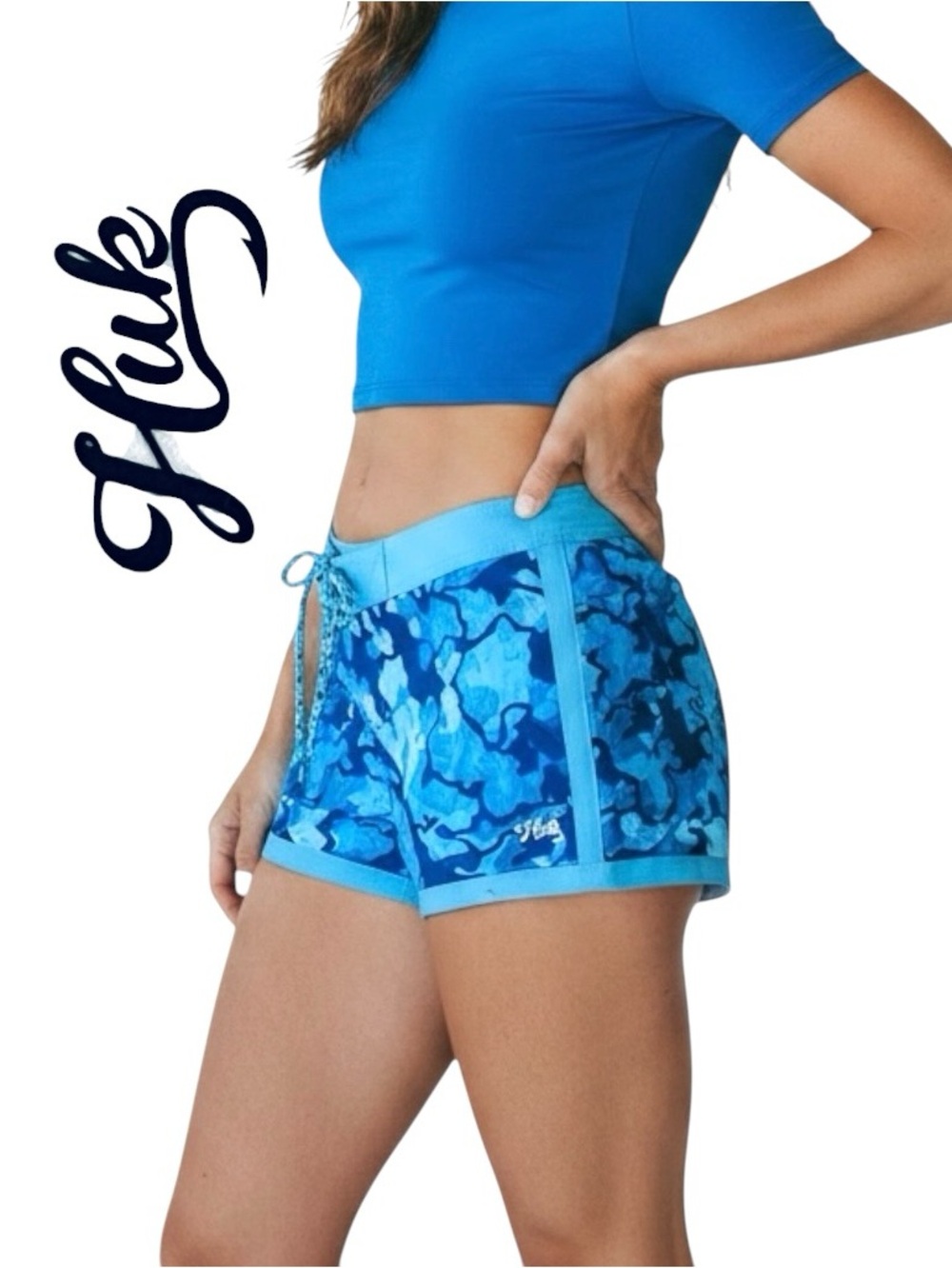 HUK Women's Shorts Performance Blue Camo UPF +30 Volley Drawsting 10
